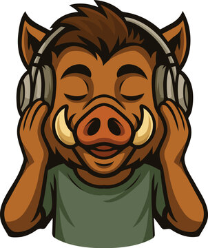 Cute wild boar character listening to music with headphones design