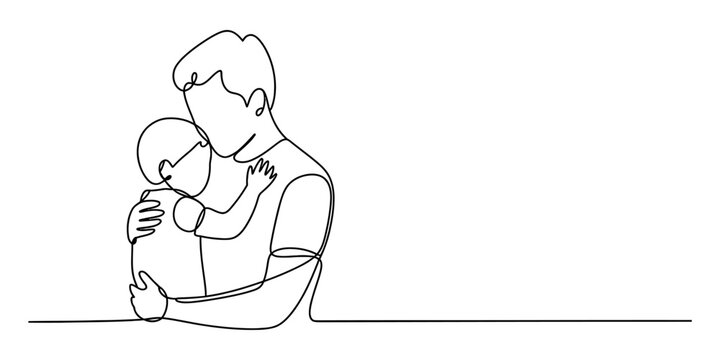 Continuous single line drawing of a loving father hugging his small child or baby showing care and affection in a simple minimalist artistic style