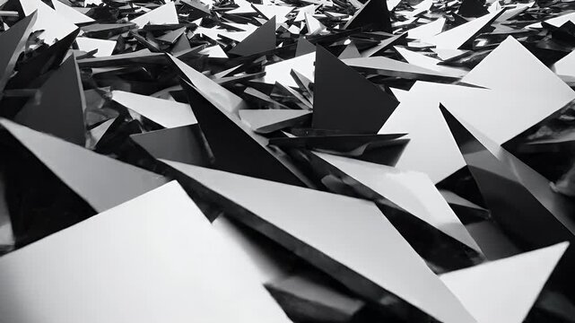 Abstract monochrome scene of sharp, overlapping geometric shapes and planes in a chaotic arrangement