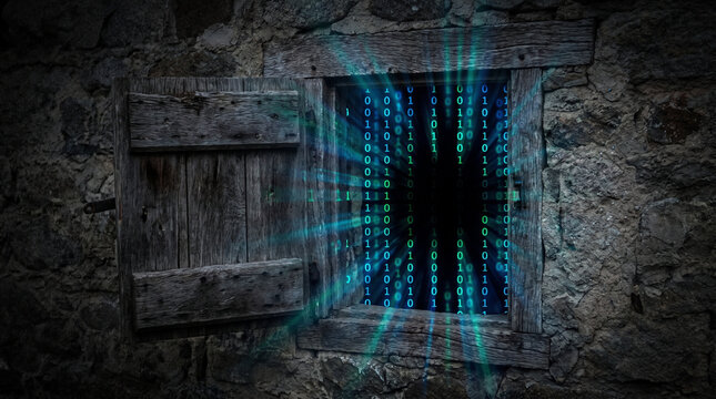 Open wooden window in stone wall revealing digital matrix of blue and green binary numbers.