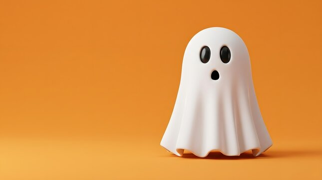 Spooky halloween ghost 3d render of a classic white ghost on an orange background for festive decorations