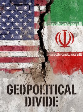 Cracked wall with American and Iranian flags symbolizing geopolitical divide.