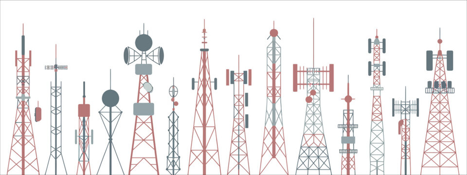 Radio tower cartoon icon set with broadcast antenna communication signal vector illustration