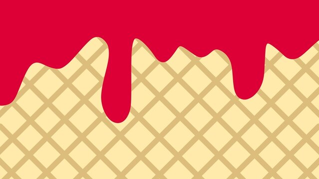 Wafer texture with creamy strawberry icing drips. Strawberry ice cream waffle texture background. Flowing sweet drips over crunchy waffle biscuit surface. Strawberry melted on a waffle background