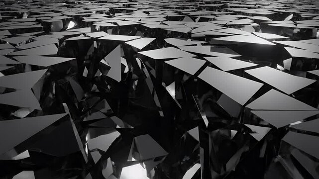 Abstract fragmentation of a reflective black surface into sharp geometric planes