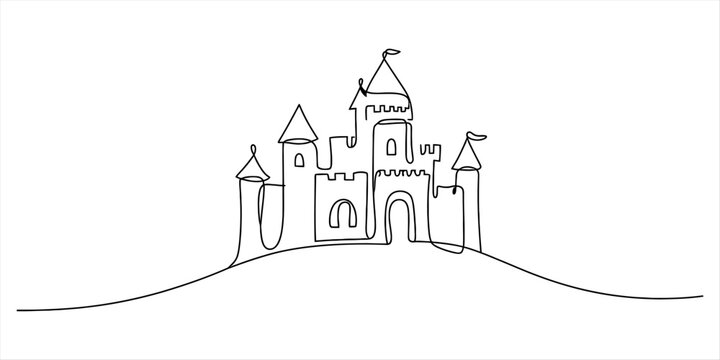 A single continuous line drawing of a fairy tale castle with tall towers and turrets on a hill representing magic fantasy architecture in a simple style