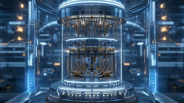 Advanced quantum computer core with intricate wiring and glowing lights