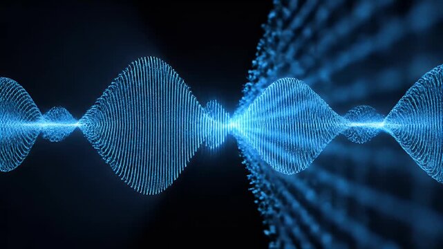 Abstract blue wave forms and particles against a dark background, representing sound