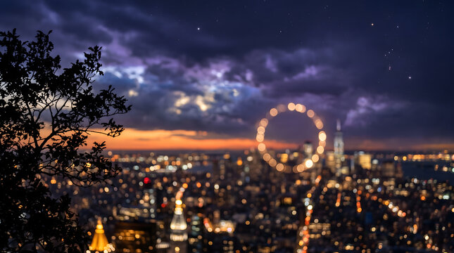 Dark Cityscape Horizon Under Moody Night Sky Featuring Mystical Glowing Ring Portal