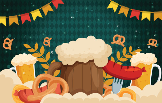 Illustrated beer mugs with Oktoberfest decorations