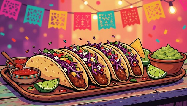 Colorful tacos with salsa, guacamole, and lime, festive background, vibrant street food style
