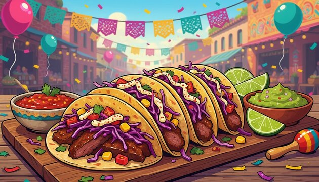 Colorful tacos with salsa, guacamole, and lime, festive background, vibrant street food style