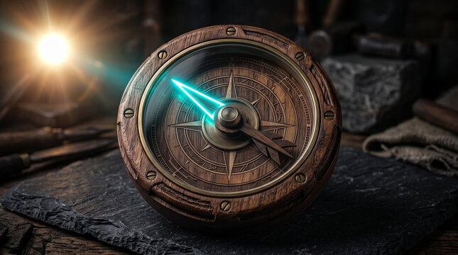 Close up of old wooden compass with bright blue glowing needle in dark setting.