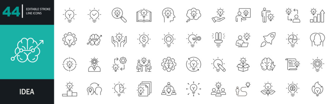Idea icon set, creative ideas, brainstorming, solutions, thinking, and more. Editable line icons. Vector illustration. 
