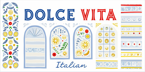 dolce vita italian lifestyle vector illustration with colorful patterns and lemons windows arches fruits bananas tomatoes stripes dots circles ornaments blue red yellow © Ramendranath
