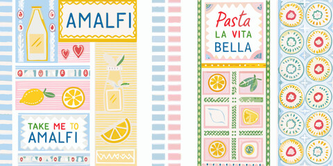 italian themed product labels vector illustration amalfi pasta lemon wine bottle food design graphic pattern colorful cultural theme iconic italy cuisine travel vacation © Ramendranath