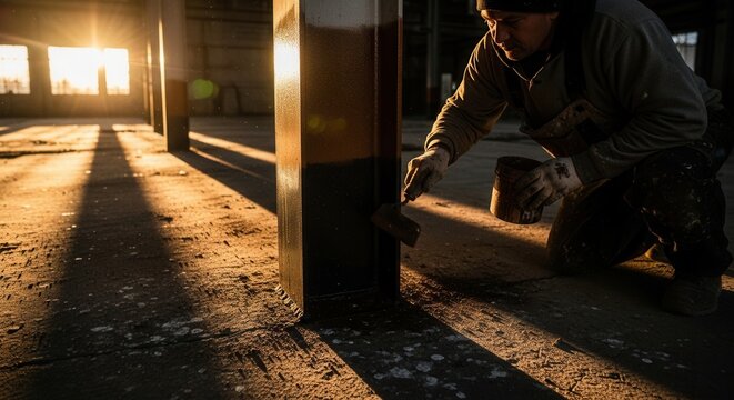Industrial Painter Applying Protective Coating On Steel Column In Warehouse At Sunset