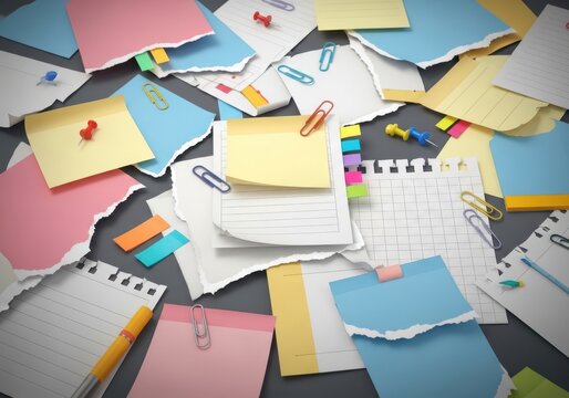 Messy desk with scattered papers and office stationery