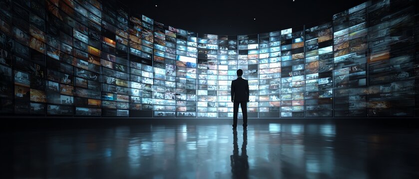 Person observing multiple digital screens.