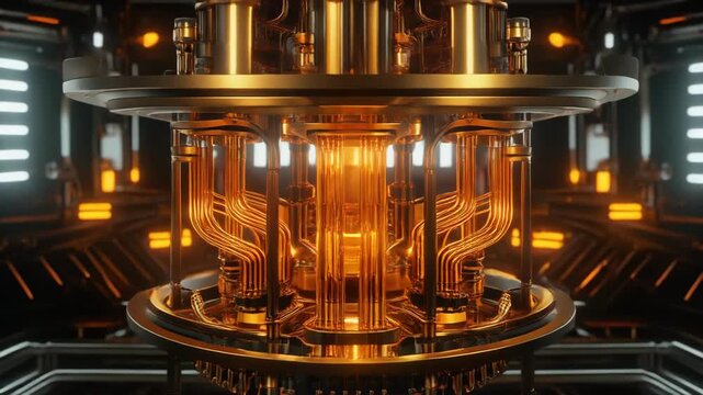 Close-up of a glowing quantum computer processor with intricate wiring