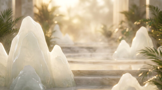 Ethereal Zen Spa Retreat Featuring Smooth White Jade Stones and Tropical Plants in Soft Morning Sunlight
