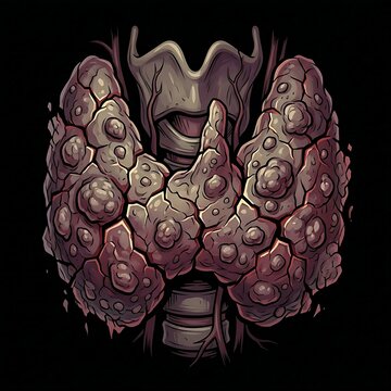  human thyroid filled with nodules and cracks, symbolizing thyroid disease or damage.