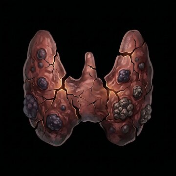  human thyroid filled with nodules and cracks, symbolizing thyroid disease or damage.
