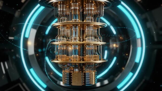 Close-up of a quantum computer processor with glowing orbital paths