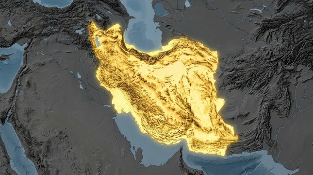 Glowing Map of Iran with City Lights, Geographical Topography