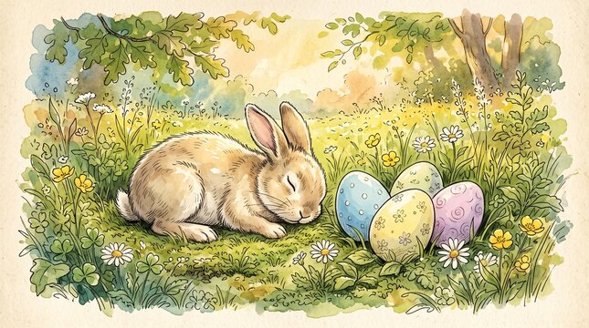 Easter Bunny Resting Beside Colorful Decorated Eggs in Spring Meadow