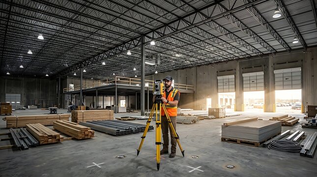 Professional land surveyor using a total station inside a large empty warehouse or industrial building under construction