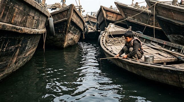 Young boy fishing from a traditional wooden boat surrounded by docked boats in a harbor