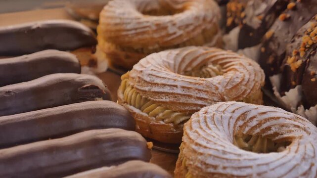 Close up of delicious pastries on display in bakery shop featuring chocolate eclairs and powdered sugar donuts
