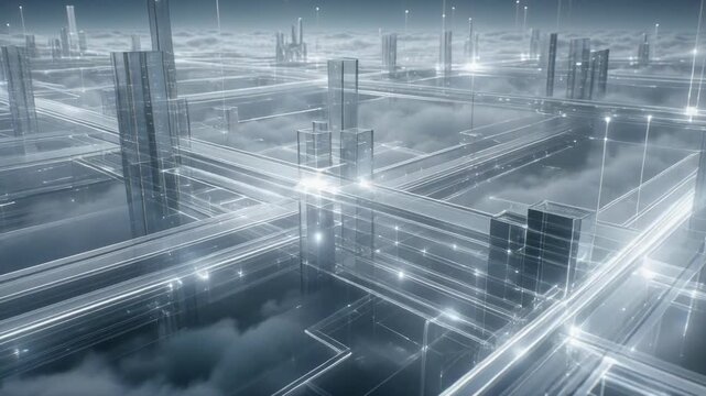 Futuristic digital network grid with transparent structures above clouds
