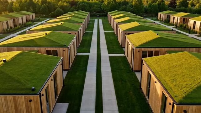 Aerial View of Modern Eco Friendly Wooden Cabins with Green Roofs in a Sustainable Residential Community.