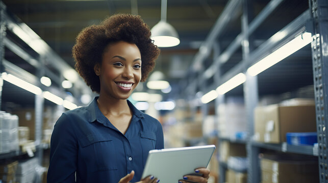 Woman in a Warehouse: A smiling woman with an afro hairstyle holds a tablet and stands in a warehouse aisle, surrounded by shelves of boxes, conveying efficiency and modern logistics.