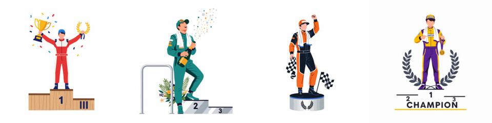 Obraz premium Set of racing drivers celebrating on the podium after winning a competition, flat vector illustration style.