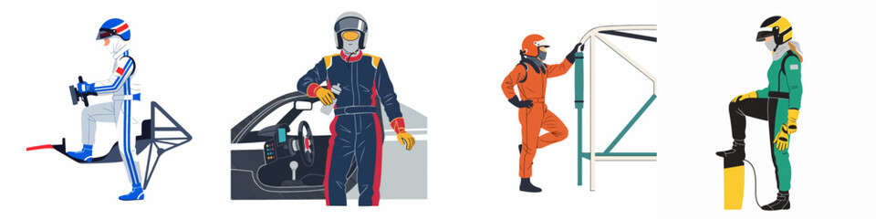 Obraz premium Set of flat vector illustrations featuring race car drivers in professional gear and helmets, posing with racing equipment on a white background.