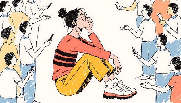 Overwhelmed by digital connection, a young woman sits amidst a crowd engrossed in their phones