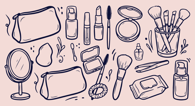 hand drawn cosmetic accessory seamless pattern, vintage beauty vanity vector illustration, makeup line art background, cosmetic brush sketch fabric print, beauty salon wallpaper design, hand drawn cos