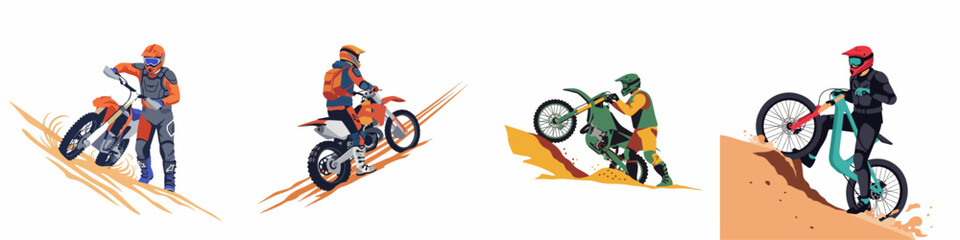 Set of Flat Illustrations Featuring Motocross Riders and Mountain Bikers Navigating Challenging Off-Road Terrains in Full Protective Gear © Reno