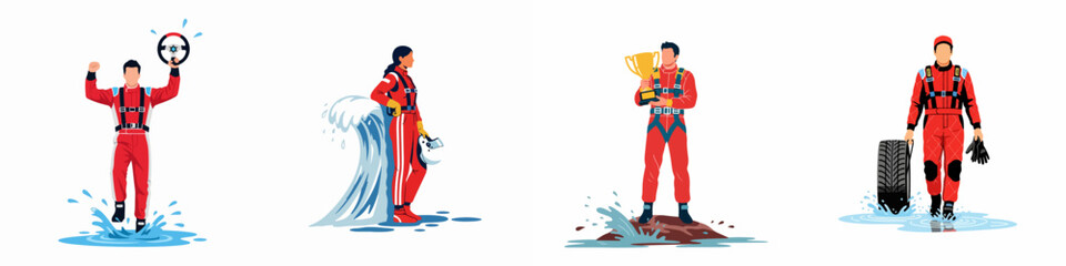 Obraz premium Flat vector illustrations of professional race car drivers in red suits with water splashes, celebrating victory with a trophy and steering wheel.