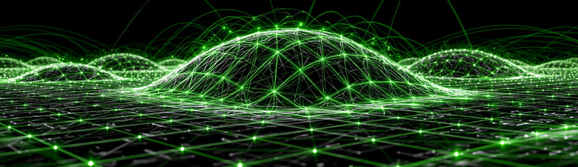 Fototapeta premium A futuristic network grid with secure connections highlighted in green, set against a dark, minimalistic background. The image is designed with plenty of copy space for text or visual elements.