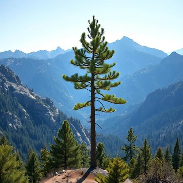 Lone pine tree stands tall overlooking rugged mountain landscape, pine, solitude