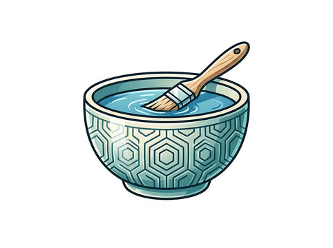 Islamic ceramic water bowl with calligraphy design and wooden spoon. Traditional Moroccan blue and white ritual ablution vessel for Ramadan and Eid.