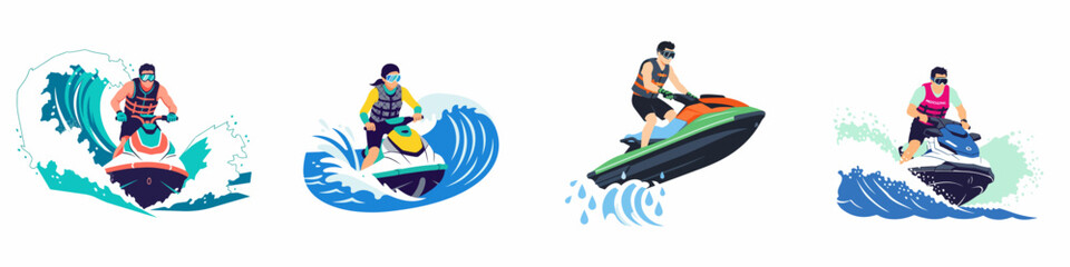 Set of Vector Illustrations Showing People Riding Jet Skis on Waves, Perfect for Summer Water Sports and Adventure Themes © Reno