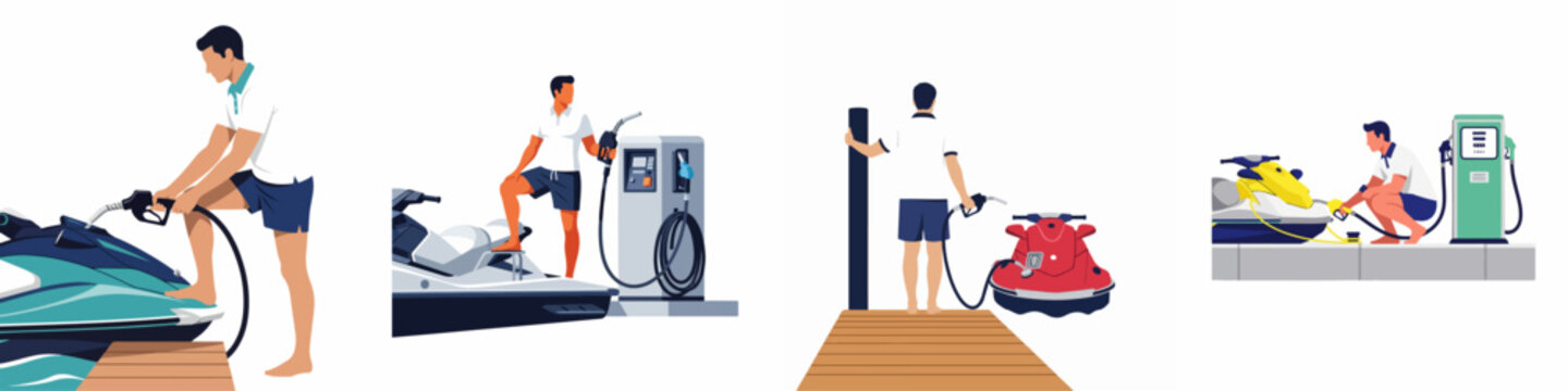 Set of flat vector illustrations showing a man refueling different colored jet skis at a fuel station on a dock.