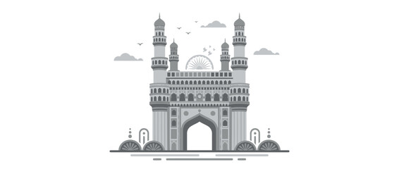 Obraz premium Monochromatic Islamic Monument Archway with Minarets and Clouds
