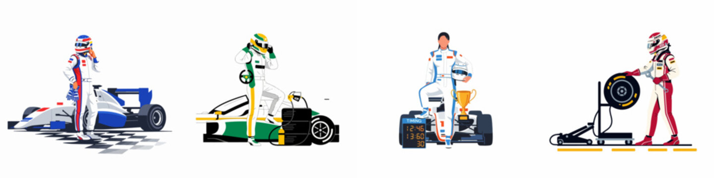 Set of flat vector illustrations featuring professional race car drivers, formula cars, pit stop equipment, and winner trophies on a white background.