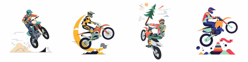 Set of Four Stylized Motocross Illustrations Featuring Riders Performing Dynamic Stunts and Jumps in a Colorful Flat Design Style © Reno